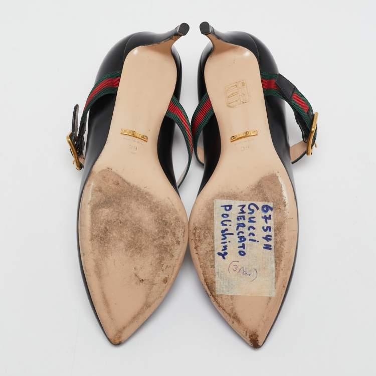 Pre Owned Gucci Black Leather Sylvie Web Pointed Toe Mary Jane Pumps Size 39