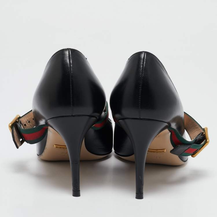 Pre Owned Gucci Black Leather Sylvie Web Pointed Toe Mary Jane Pumps Size 39