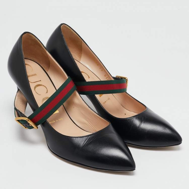 Pre Owned Gucci Black Leather Sylvie Web Pointed Toe Mary Jane Pumps Size 39