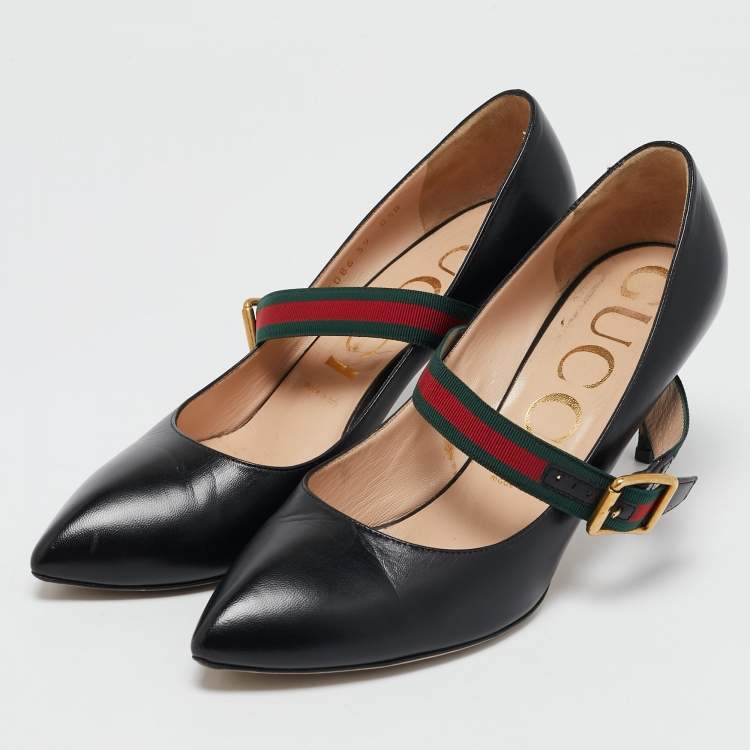 Pre Owned Gucci Black Leather Sylvie Web Pointed Toe Mary Jane Pumps Size 39