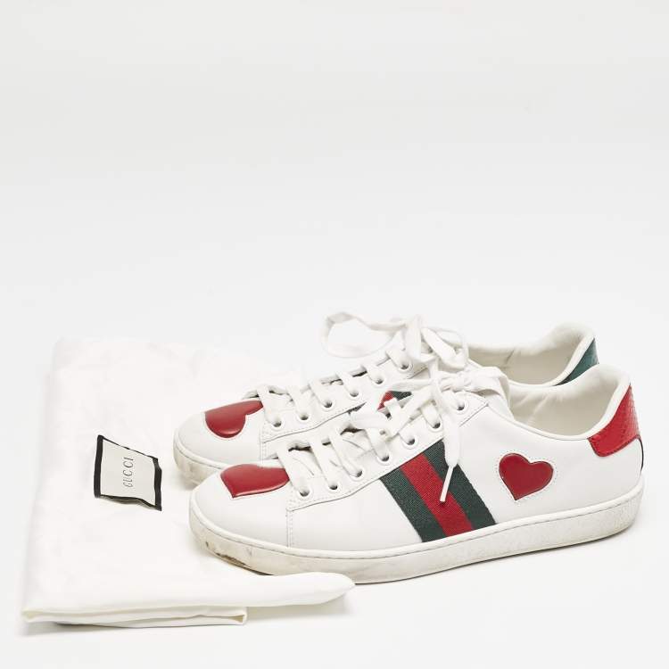 Pre Owned Gucci White Leather Ace Heart Web Low Top Sneakers Size 37