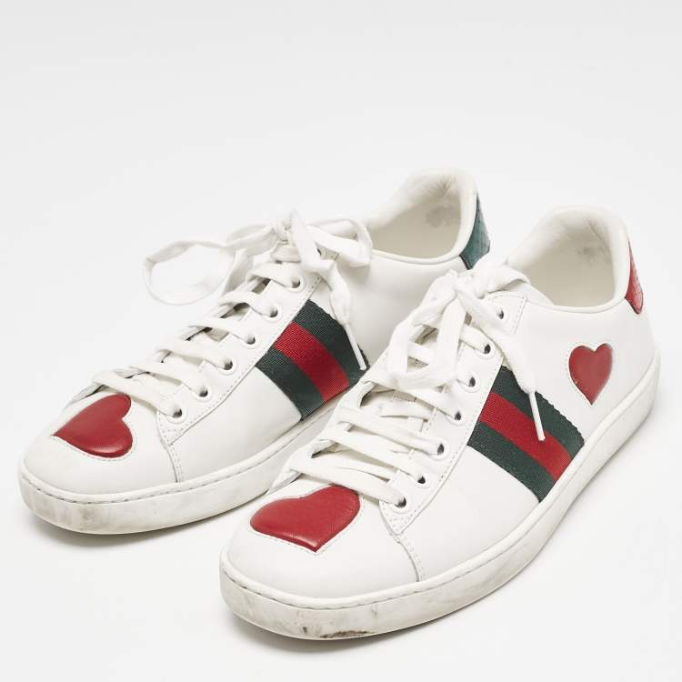 Pre Owned Gucci White Leather Ace Heart Web Low Top Sneakers Size 37