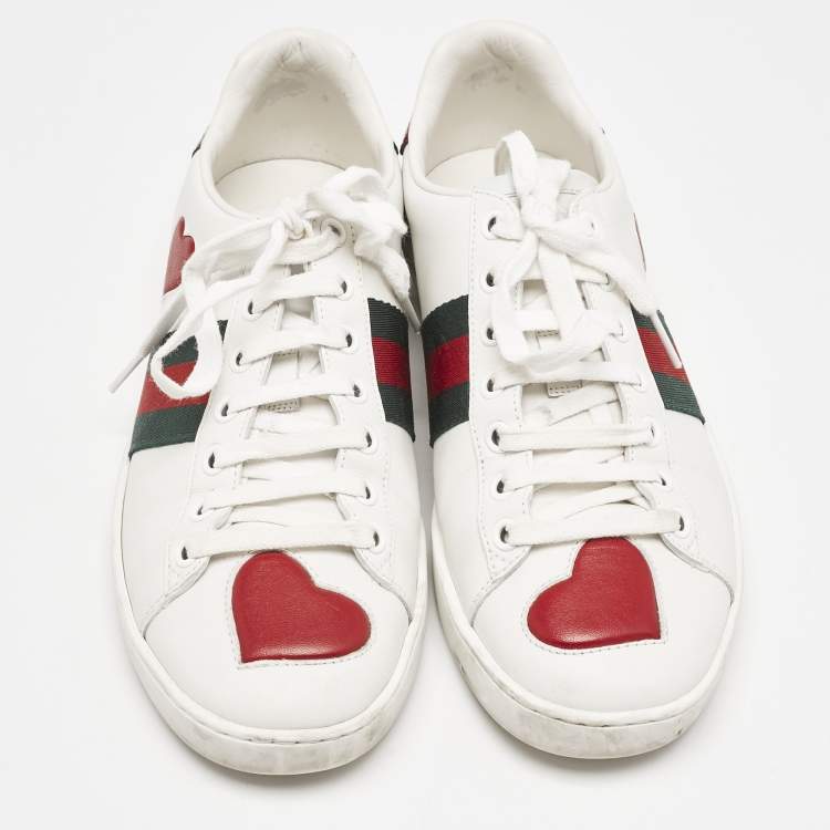 Pre Owned Gucci White Leather Ace Heart Web Low Top Sneakers Size 37
