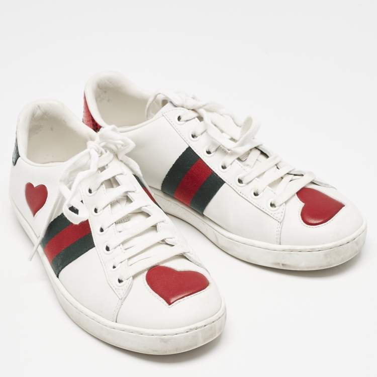 Pre Owned Gucci White Leather Ace Heart Web Low Top Sneakers Size 37