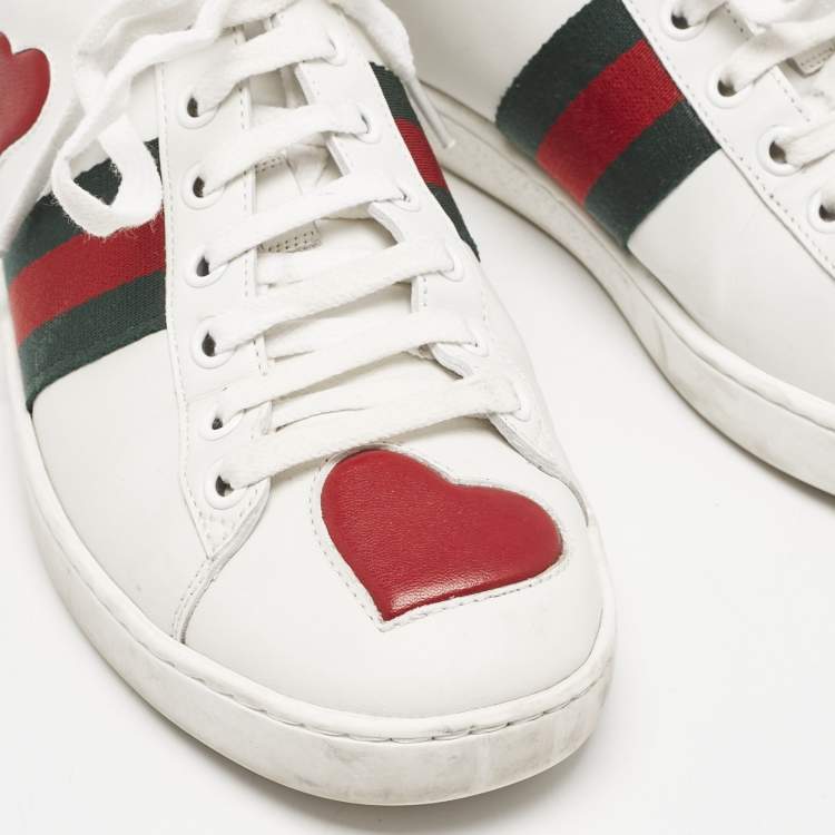 Pre Owned Gucci White Leather Ace Heart Web Low Top Sneakers Size 37