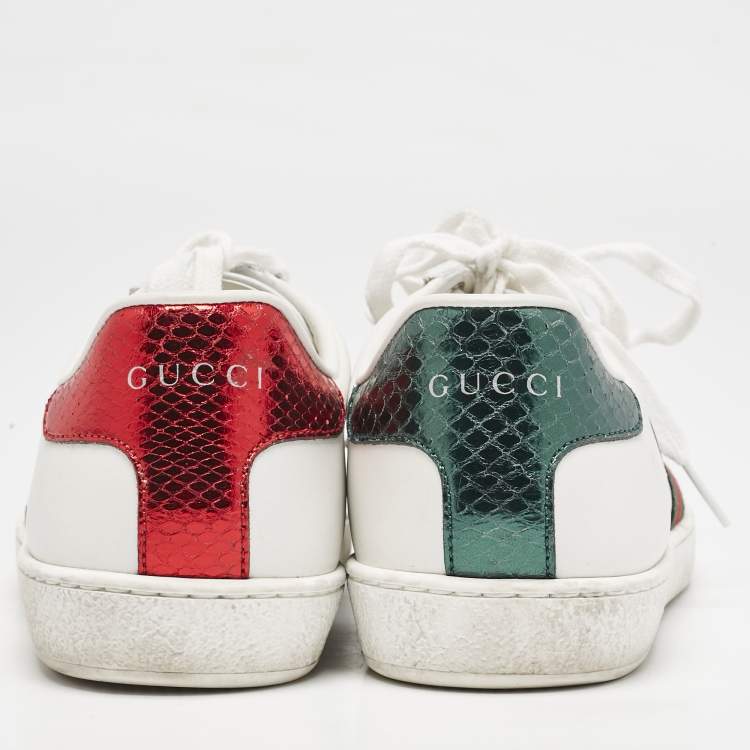 Pre Owned Gucci White Leather Ace Heart Web Low Top Sneakers Size 37