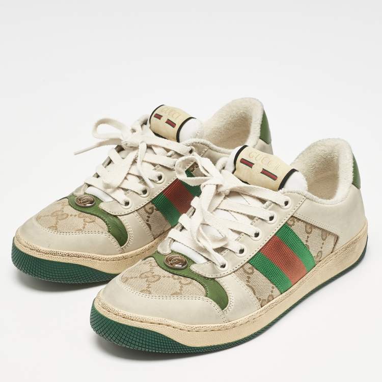Pre Owned Gucci Beige Nubuck and GG Canvas CC Screener Sneakers Size 36.5