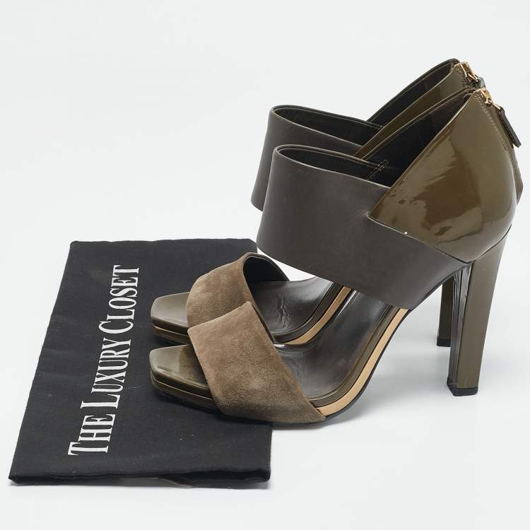 Pre Owned Gucci Green Patent Leather and Suede Ankle Strap Sandals Size 38.5