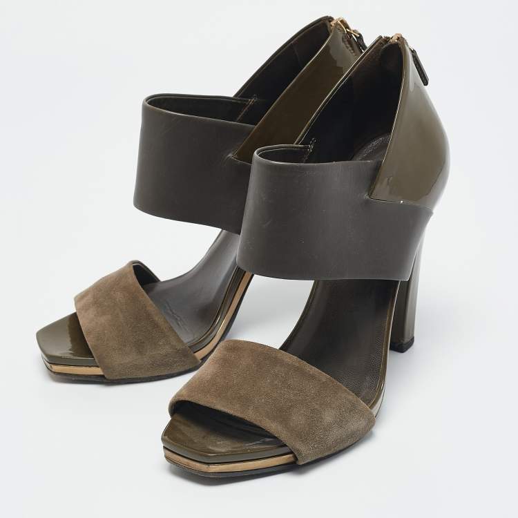 Pre Owned Gucci Green Patent Leather and Suede Ankle Strap Sandals Size 38.5