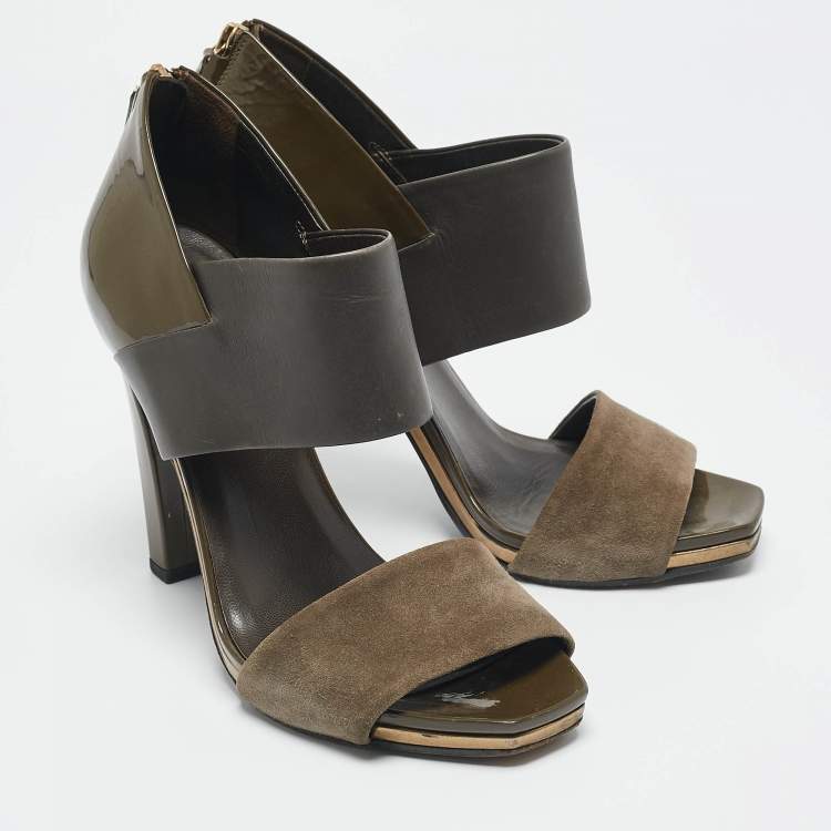 Pre Owned Gucci Green Patent Leather and Suede Ankle Strap Sandals Size 38.5