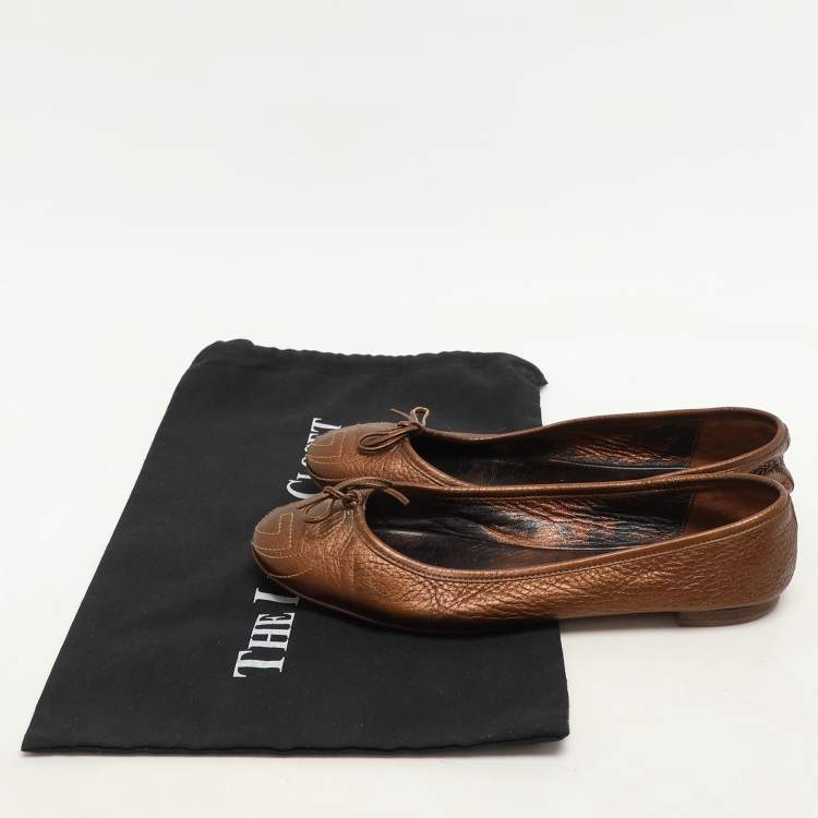 Pre Owned Gucci Metallic Brown Leather Bow GG Interlocking Ballet Flats Size 38.5