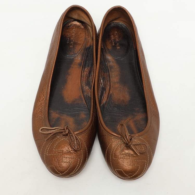 Pre Owned Gucci Metallic Brown Leather Bow GG Interlocking Ballet Flats Size 38.5