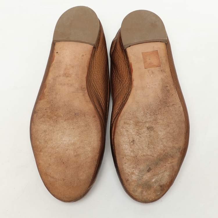 Pre Owned Gucci Metallic Brown Leather Bow GG Interlocking Ballet Flats Size 38.5