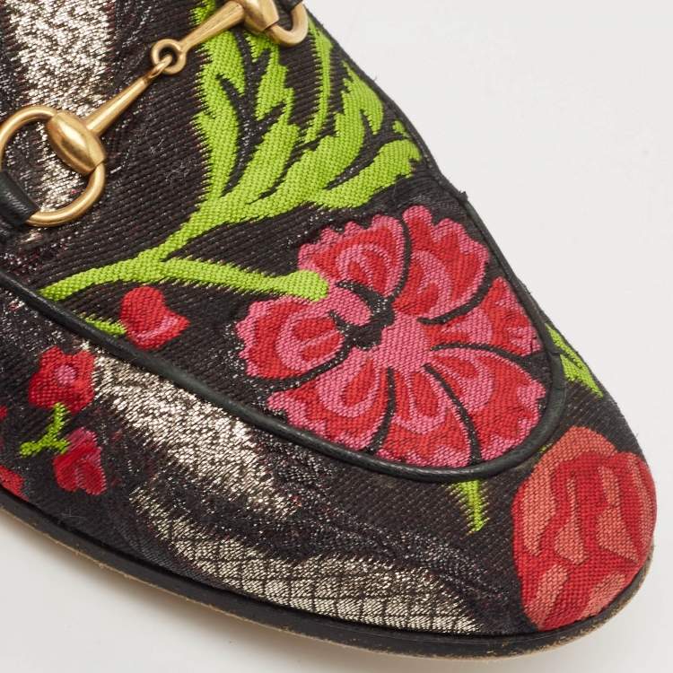 Pre Owned Gucci Multicolor Lurex Fabric Flower Embraided Jordaan Loafers Size 39