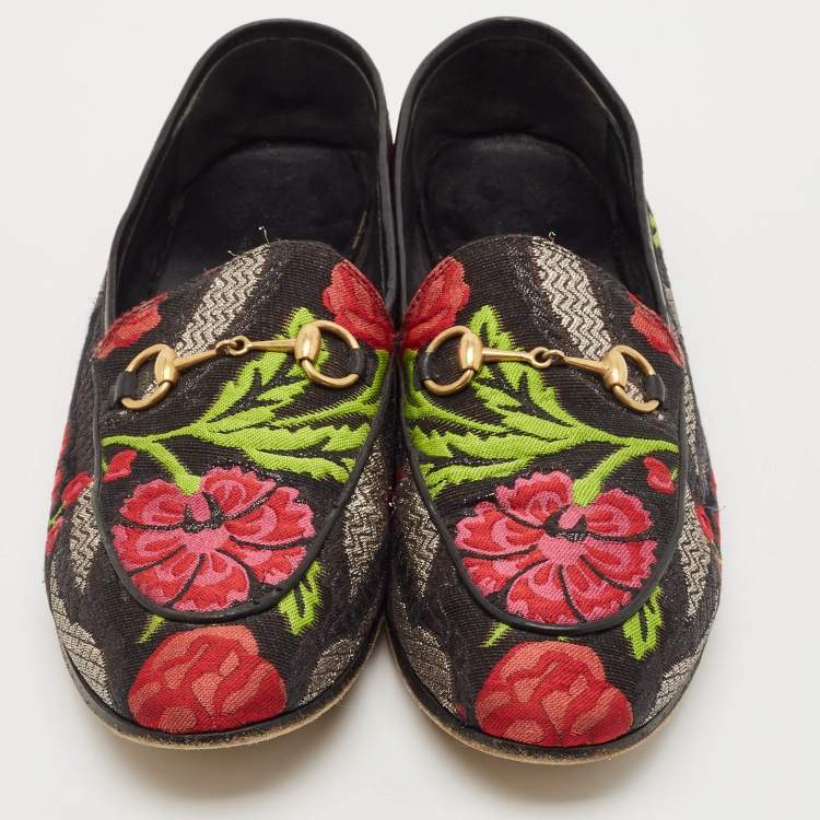 Pre Owned Gucci Multicolor Lurex Fabric Flower Embraided Jordaan Loafers Size 39