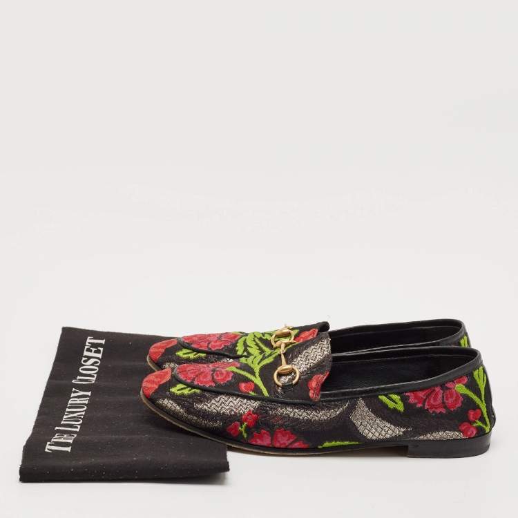 Pre Owned Gucci Multicolor Lurex Fabric Flower Embraided Jordaan Loafers Size 39