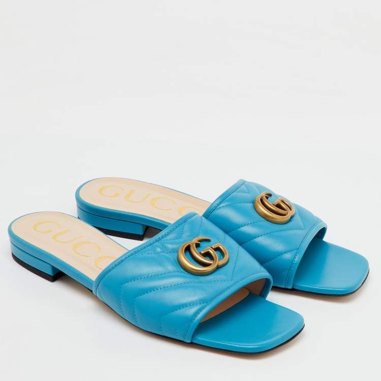 مملوكة مسبقًا Gucci Blue Quilted Leather GG Marmont Flat Slide Sandals Size 38.5