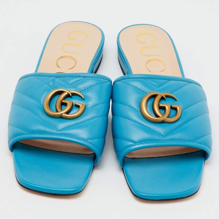 مملوكة مسبقًا Gucci Blue Quilted Leather GG Marmont Flat Slide Sandals Size 38.5