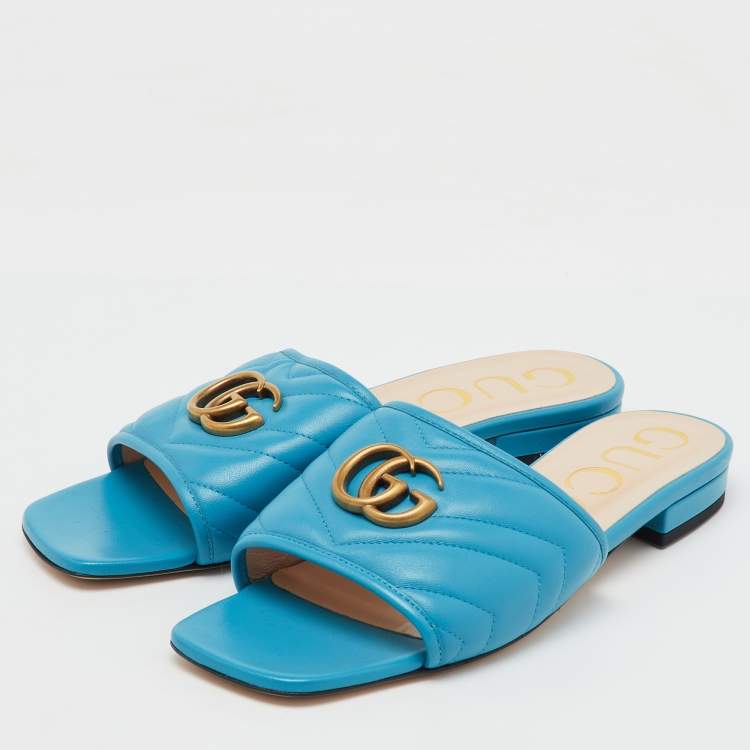 مملوكة مسبقًا Gucci Blue Quilted Leather GG Marmont Flat Slide Sandals Size 38.5