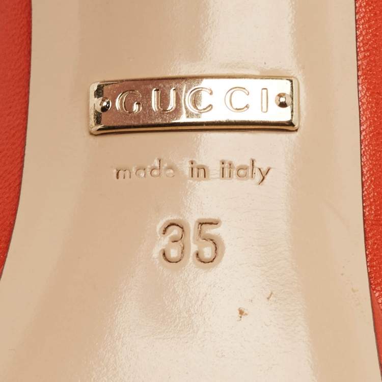 Pre Owned Gucci Orange Leather Horsebit Peep Toe Pumps Size 35