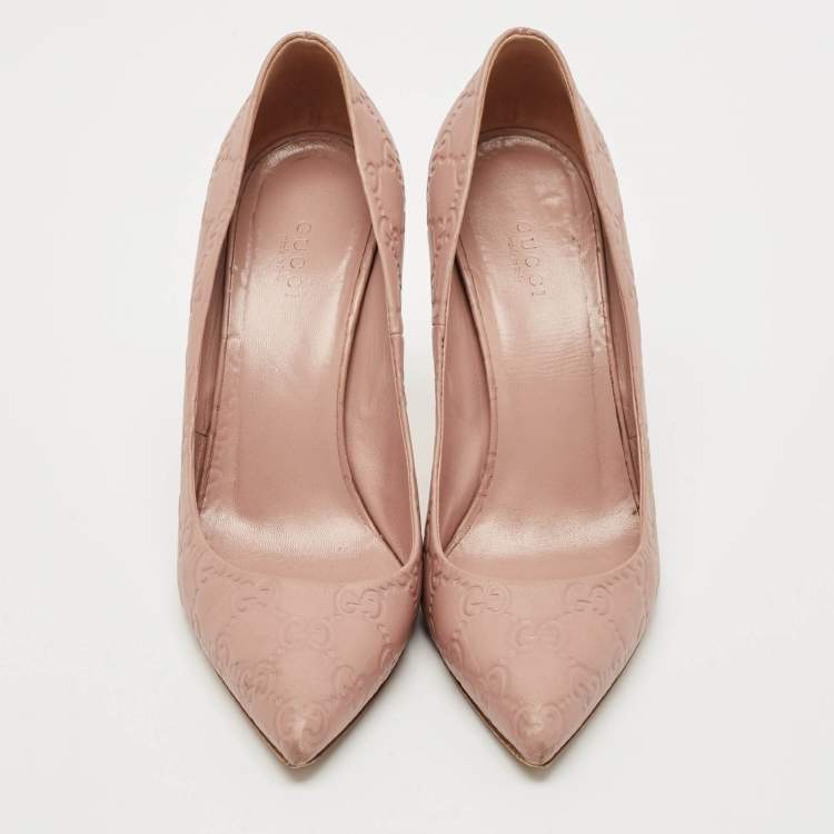 Pre Owned  Gucci Pale Pink Guccissima Leather Kristen Bamboo Heel Pointed Toe Pumps Size 38