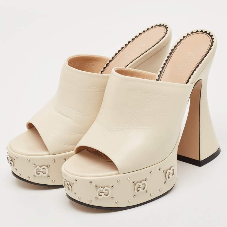 Pre Owned Gucci Cream Leather GG Platform Slide Sandals Size 36.5