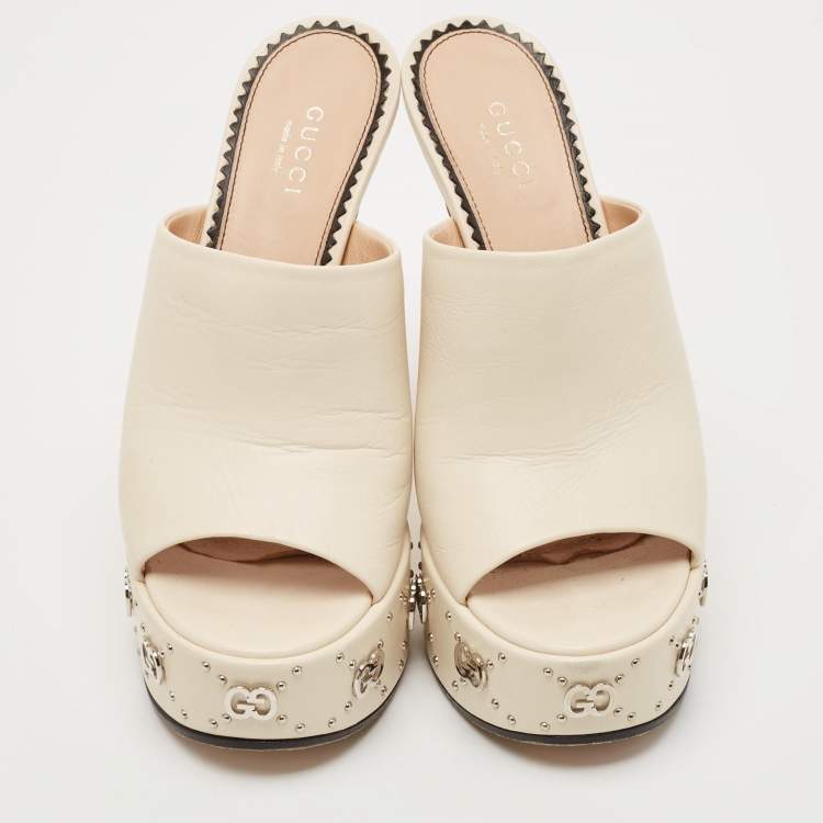 Pre Owned Gucci Cream Leather GG Platform Slide Sandals Size 36.5