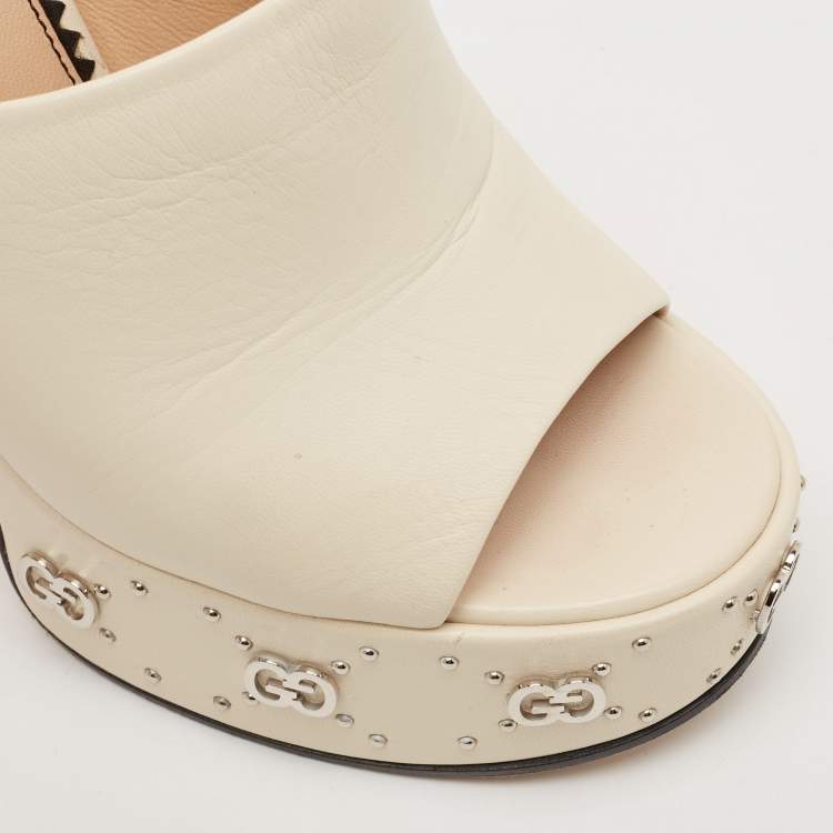 Pre Owned Gucci Cream Leather GG Platform Slide Sandals Size 36.5