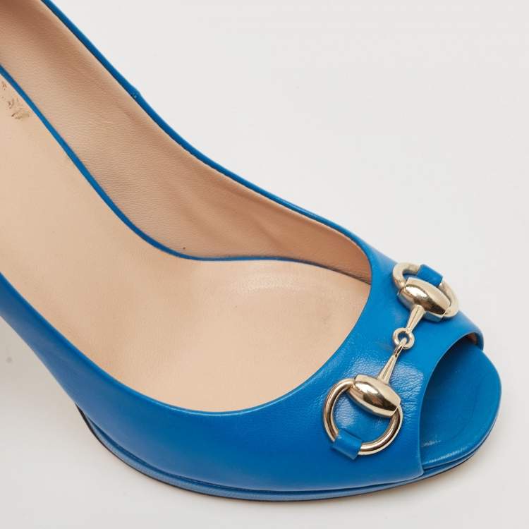 Pre Owned Gucci Blue Leather Horsebit Peep Toe Pumps Size 35