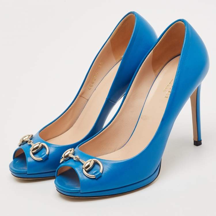 Pre Owned Gucci Blue Leather Horsebit Peep Toe Pumps Size 35