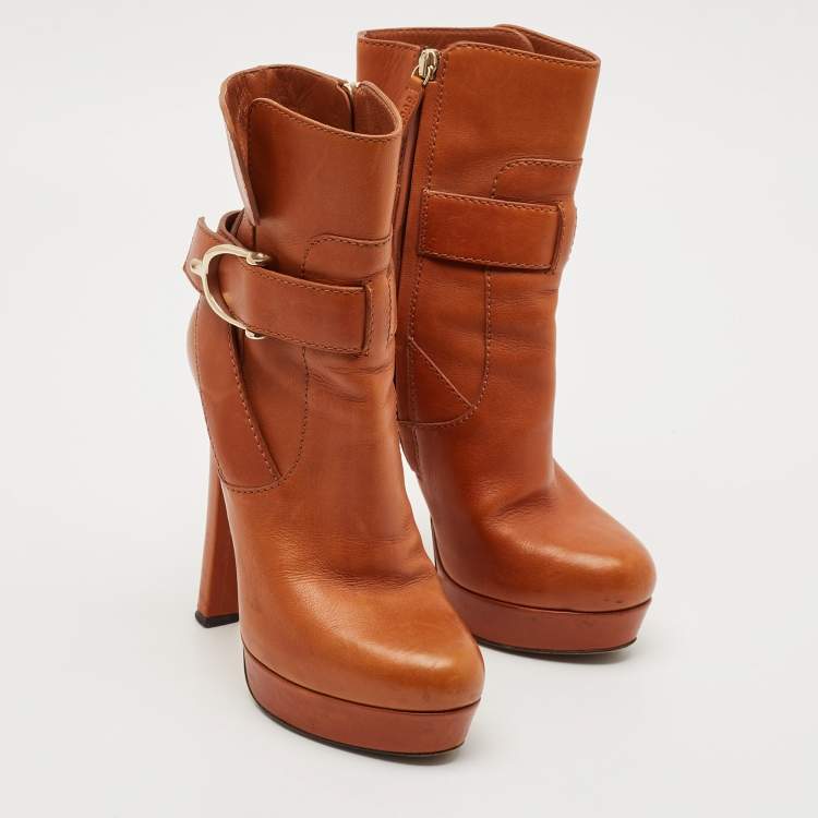 Pre Owned Gucci Brown Leather Wimbledon Ankle Length Boots Size 35.5