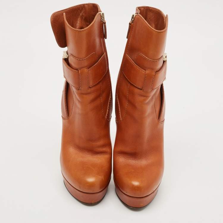 Pre Owned Gucci Brown Leather Wimbledon Ankle Length Boots Size 35.5
