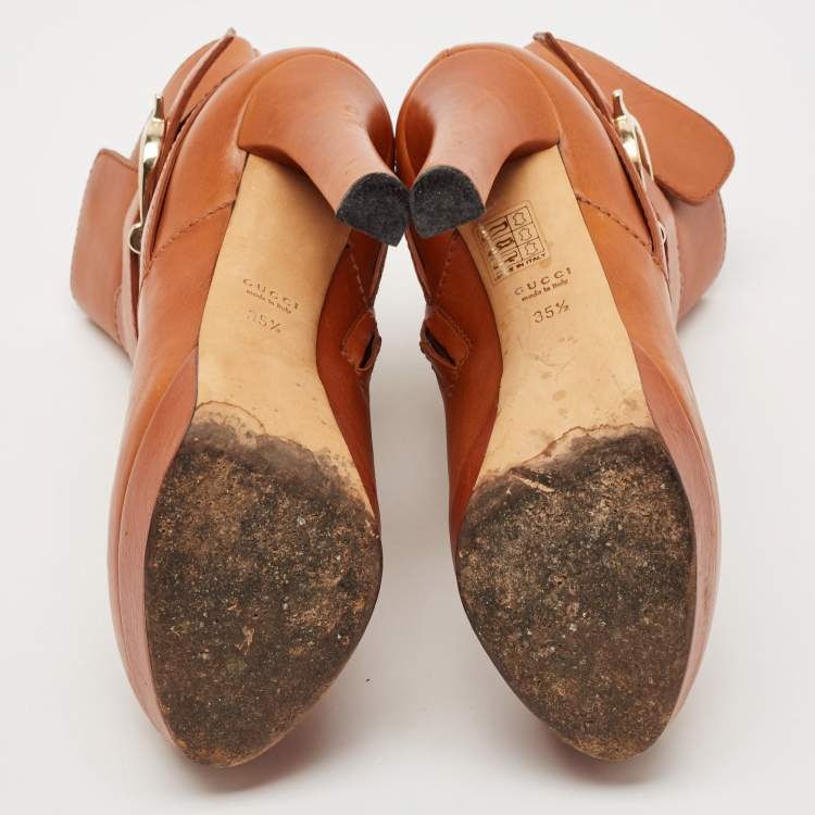 Pre Owned Gucci Brown Leather Wimbledon Ankle Length Boots Size 35.5