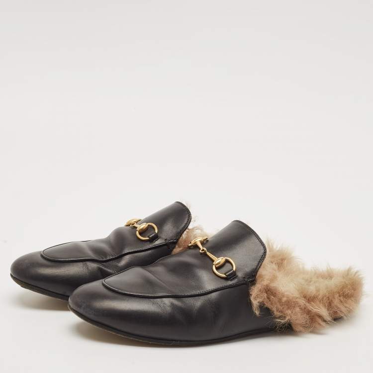 Pre Owned Gucci Black Leather And Fur Princetown Mule Sandals Size 39