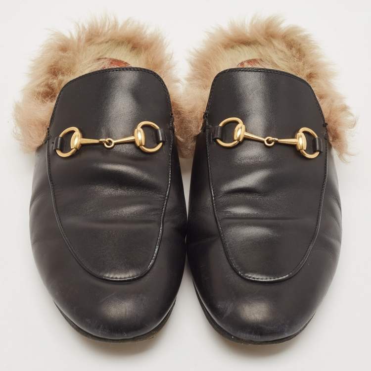 Pre Owned Gucci Black Leather And Fur Princetown Mule Sandals Size 39