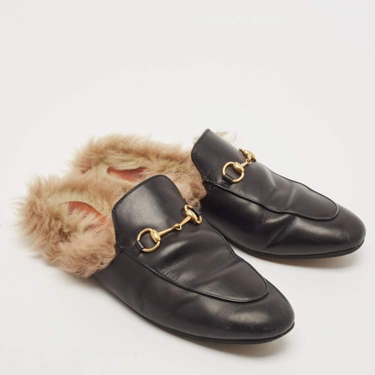 Pre Owned Gucci Black Leather And Fur Princetown Mule Sandals Size 39