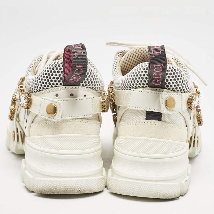 Pre Owned Gucci White Leather and Mesh Flashtrek Chunky Sneakers Size 36