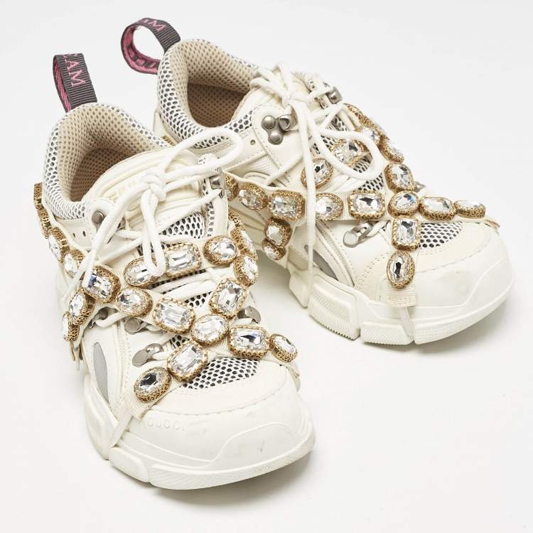 Pre Owned Gucci White Leather and Mesh Flashtrek Chunky Sneakers Size 36