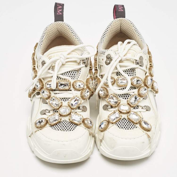 Pre Owned Gucci White Leather and Mesh Flashtrek Chunky Sneakers Size 36