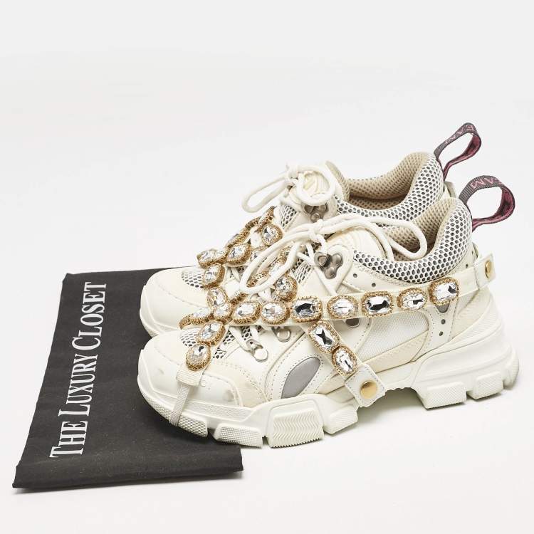 Pre Owned Gucci White Leather and Mesh Flashtrek Chunky Sneakers Size 36