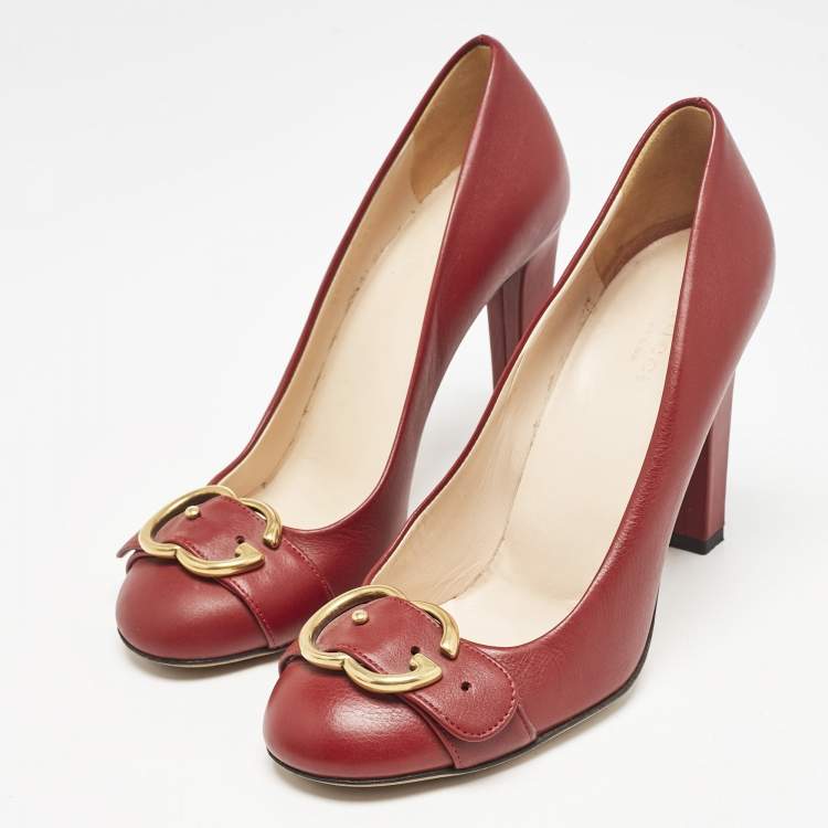 Pre Owned Gucci Red Leather GG Buckle Pumps Size 38.5