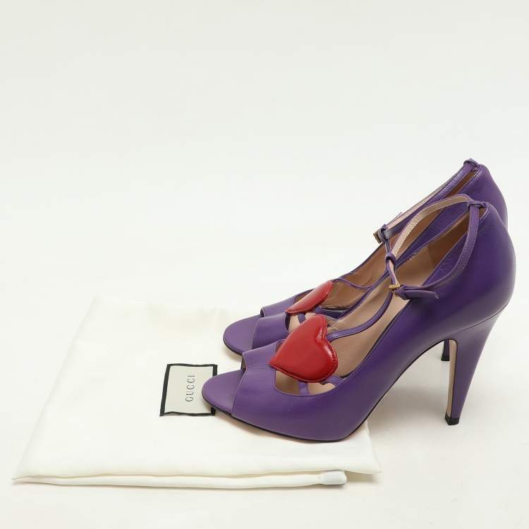 Pre Owned Gucci Purple Leather Molina Heart T Strap Pumps Size 38.5
