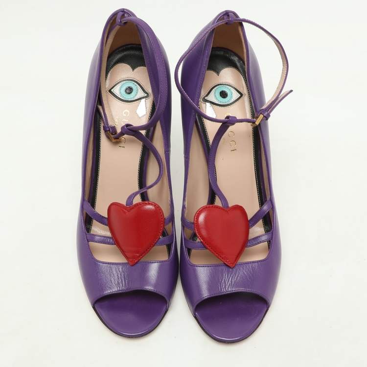 Pre Owned Gucci Purple Leather Molina Heart T Strap Pumps Size 38.5
