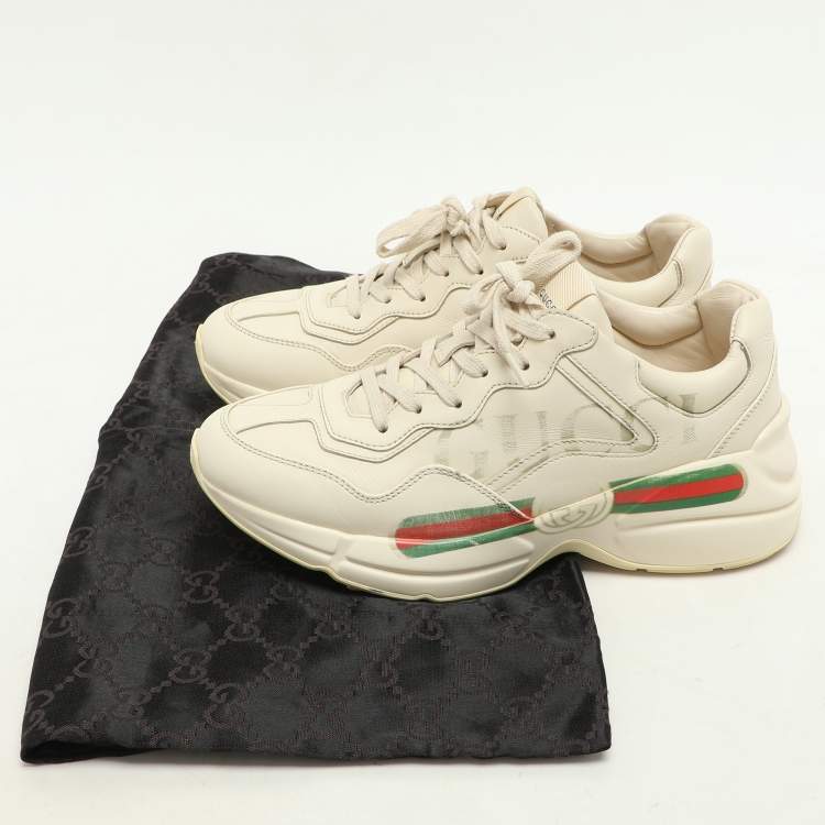 Pre Owned Gucci Off-White Leather Rhyton Logo Low Top Sneakers Size 38