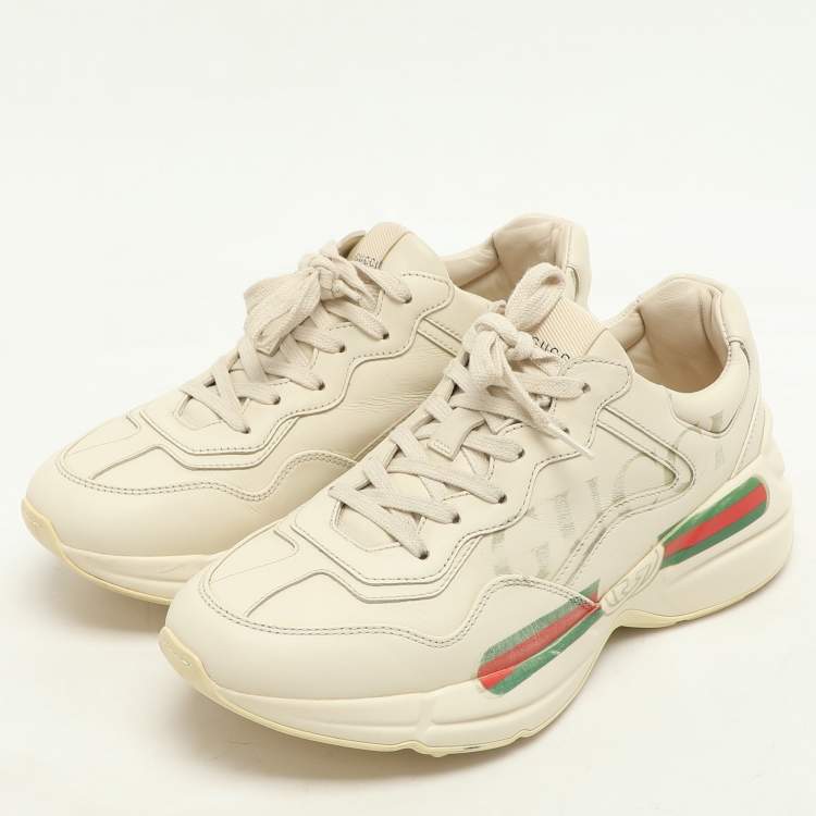 Pre Owned Gucci Off-White Leather Rhyton Logo Low Top Sneakers Size 38