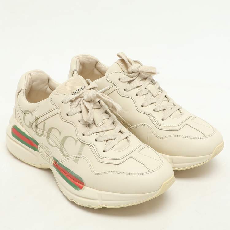 Pre Owned Gucci Off-White Leather Rhyton Logo Low Top Sneakers Size 38