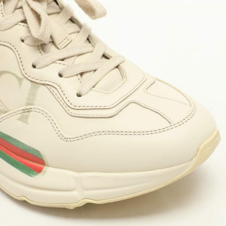 Pre Owned Gucci Off-White Leather Rhyton Logo Low Top Sneakers Size 38