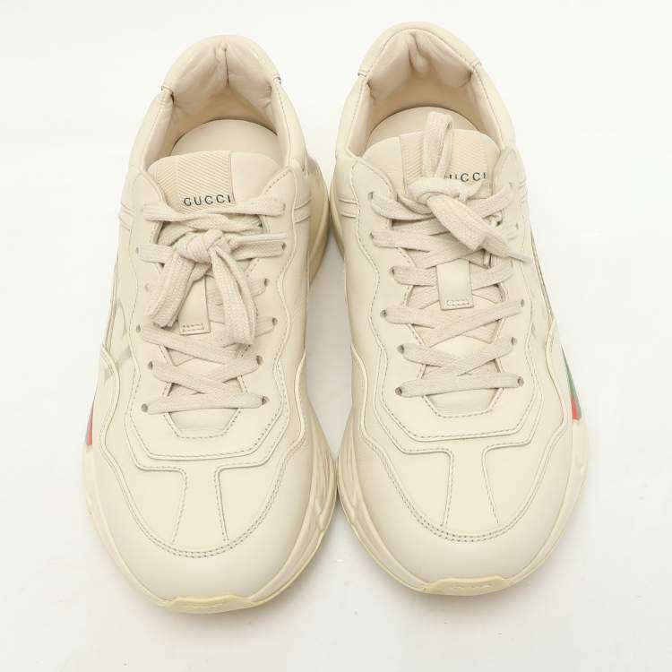 Pre Owned Gucci Off-White Leather Rhyton Logo Low Top Sneakers Size 38