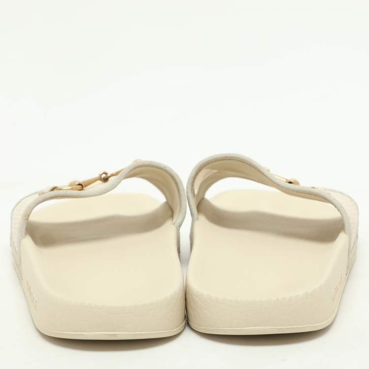 Pre Owned Gucci Cream Perforated Leather Horsebit Flat Slide Size 38
