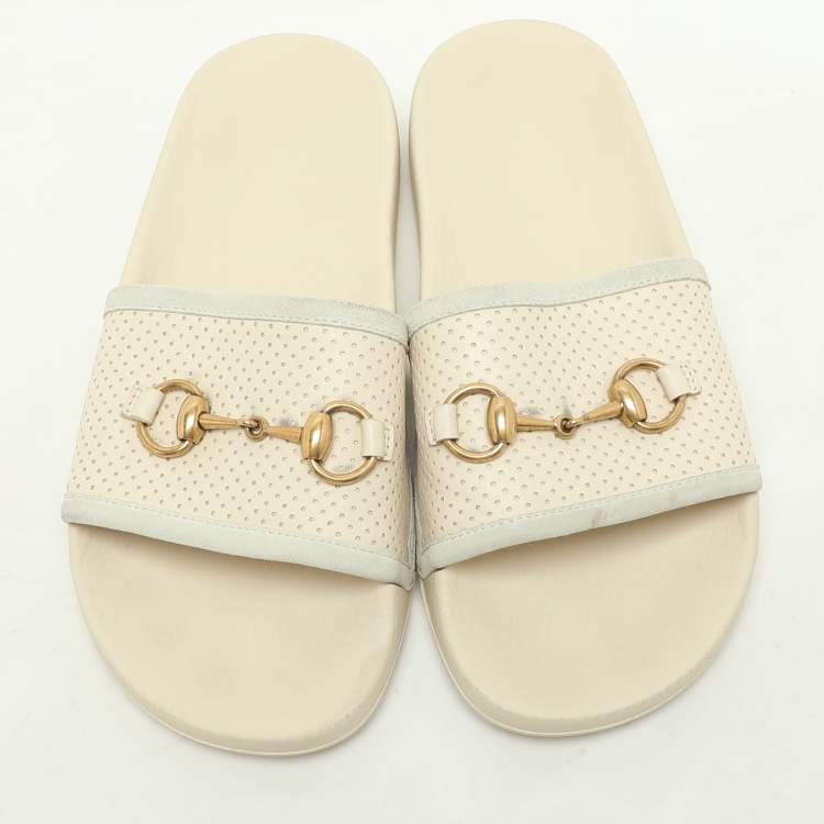Pre Owned Gucci Cream Perforated Leather Horsebit Flat Slide Size 38